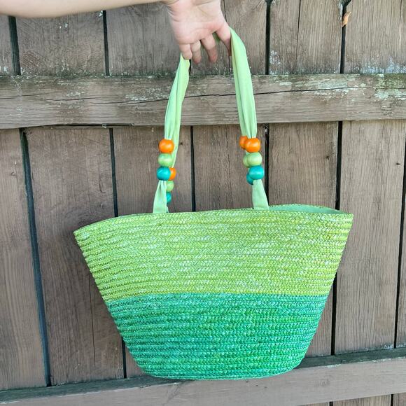 Green Ombre Woven Straw Beach Tote Bag with Beaded Handles Summer - Picture 7 of 8